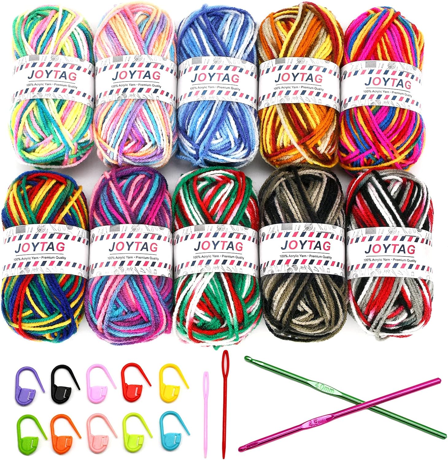 10 Acrylic Yarn Skeins,Multicolor Crochet Craft for Crocheting and Knitting,with Hooks Knitting Needles Stitch Markers,Crochet Starter Kit Beginners(650 Yard/250g)